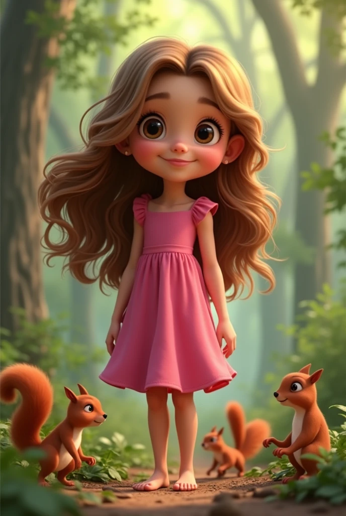 Create AlexiaFFD001, 8 years old, wavy light brown hair, charmer smile, pink dress, playing in the forest with squirrels, Pixar animation style.