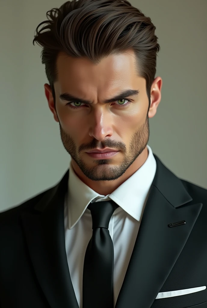 Alex volkov from twisted love, 25 year old, Russian man, green jade eyes, brown slick hairs, sharp features with sharp jawline, roman nose, stubble beard, a frown on his face, serious, handsome, 6'4, lean and we'll built, wearing an expensive nine piece suit, hot, masculine, sharp seductive eyes