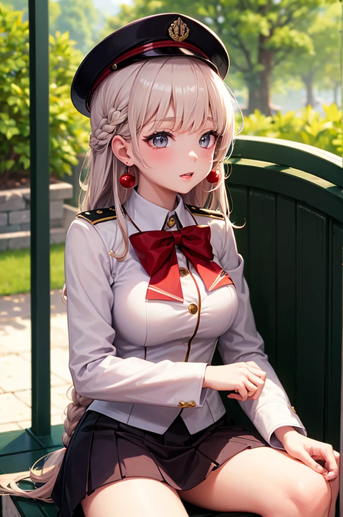 A beautiful 20 year old girl in uniform sitting on a bench with a hat, anime girl, military hat, red puffy miniskirt, white blazer, white stockings, big round breasts, sitting, blue sky, dark brown hair, long red bangs, french braid, long hair, wavy hair, shiny hair, hairclip, hair ribbon, aqua eyes, glowing eyes, pupils sparkling, earrings, blush, puckered lips, confused, red lips, high detail, anime, anime style, depth of field, dithering, image fill, perspective, lens flare, Wide-Angle, f/1.8, 85mm, Nikon, 8k, super detail, UHD, retina, masterpiece, accurate, anatomically correct, textured skin, best quality, highres, 16k