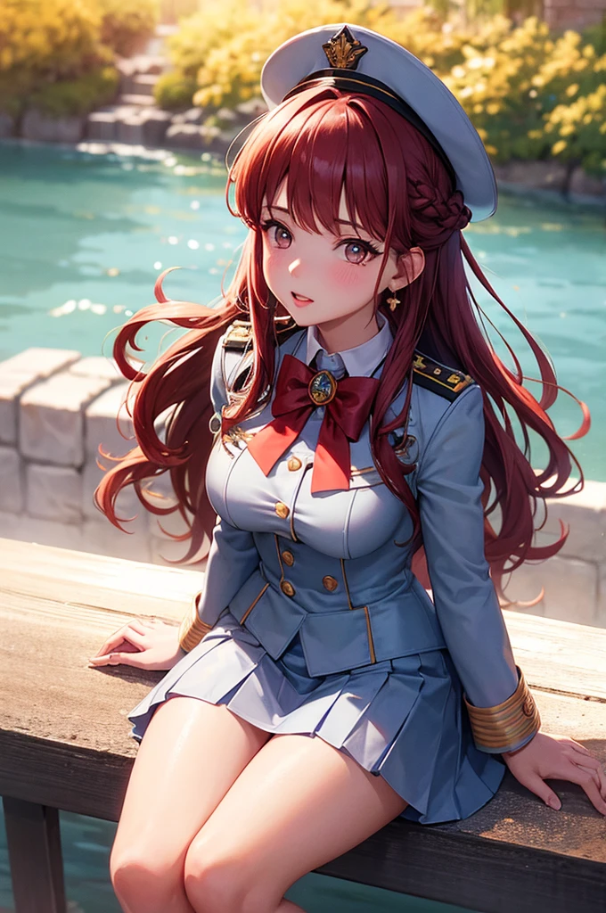 A beautiful 20 year old girl in uniform sitting on a bench with a hat, anime girl, military hat, red puffy miniskirt, white blazer, white stockings, big round breasts, sitting, blue sky, dark brown hair, long red bangs, french braid, long hair, wavy hair, shiny hair, hairclip, hair ribbon, aqua eyes, glowing eyes, pupils sparkling, earrings, blush, puckered lips, confused, red lips, high detail, anime, anime style, depth of field, dithering, image fill, perspective, lens flare, Wide-Angle, f/1.8, 85mm, Nikon, 8k, super detail, UHD, retina, masterpiece, accurate, anatomically correct, textured skin, best quality, highres, 16k