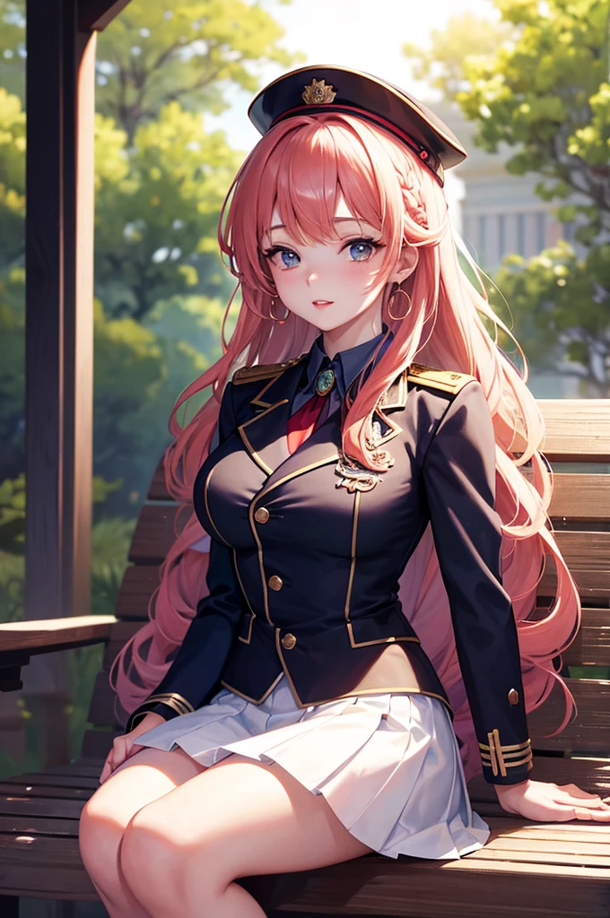 A beautiful 20 year old girl in uniform sitting on a bench with a hat, anime girl, military hat, red puffy miniskirt, white blazer, white stockings, big round breasts, sitting, blue sky, dark brown hair, long red bangs, french braid, long hair, wavy hair, shiny hair, hairclip, hair ribbon, aqua eyes, glowing eyes, pupils sparkling, earrings, blush, puckered lips, confused, red lips, high detail, anime, anime style, depth of field, dithering, image fill, perspective, lens flare, Wide-Angle, f/1.8, 85mm, Nikon, 8k, super detail, UHD, retina, masterpiece, accurate, anatomically correct, textured skin, best quality, highres, 16k