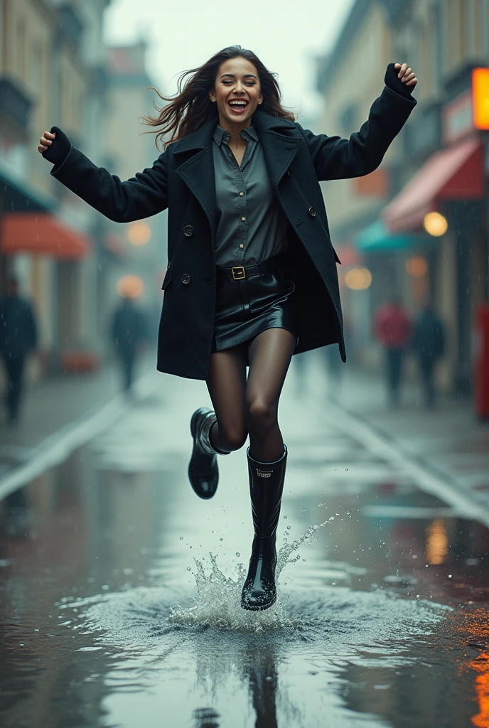 Woman jumping into deep puddle wearing black knee high rain boots and stockings