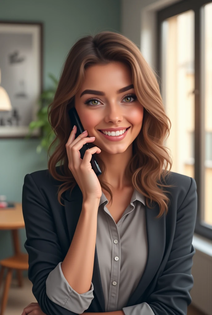 A photorealistic image of a young professional woman holding a smartphone to her ear as if receiving a call. She is smiling warmly and looks engaged in conversation. The woman should be wearing business casual attire, perhaps a blouse and blazer. She is standing in an office or home office setting with soft, natural lighting. The focus should be on her face and the phone, with the background slightly blurred. The image should have high resolution and look like a stock photo or professional photography, not an illustration or cartoon.