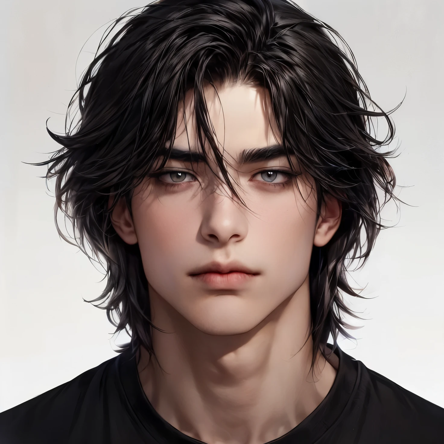 "((1 man)), a striking young man in his 20s, with slightly wavy, dark brown hair that falls just above his shoulders, framing his face in soft layers. He has a calm and composed expression with almond-shaped, warm brown eyes that exude both intensity and gentleness. His face is beautifully symmetrical, with full, naturally pink lips, a well-defined jawline, and a subtle blush on his fair skin. ((Wearing a simple black shirt)), this man embodies a youthful yet captivating presence. The background is a neutral, softly lit environment, with the focus entirely on his serene and attractive facial features. Cinematic lighting, unreal engine, surreal, super high quality, (((masterpiece))), realistic and detailed."