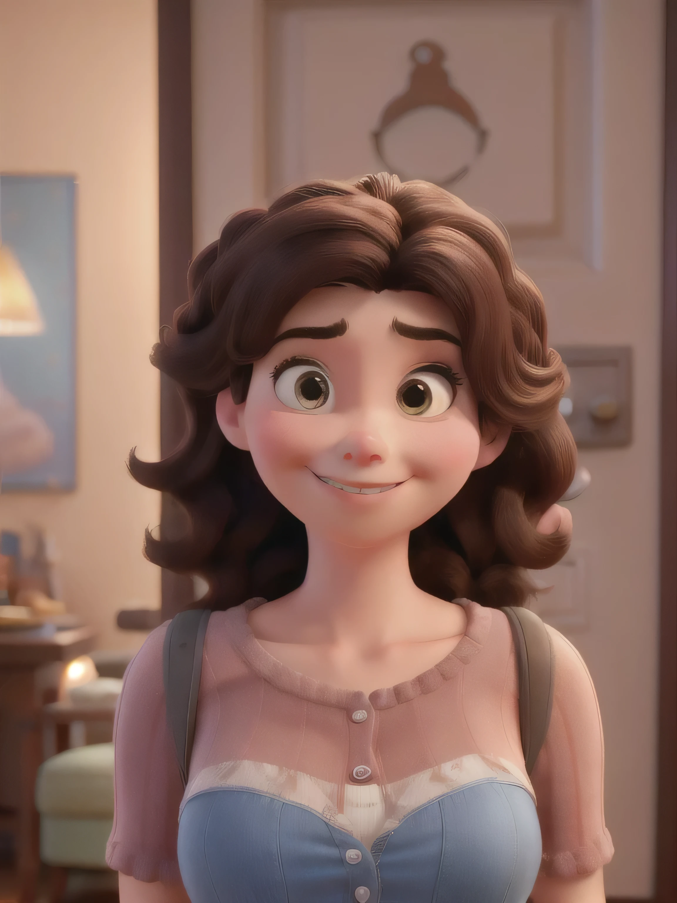 Disney and Pixar-style adult woman, hair parted down the middle, high quality, best quality, super detailed