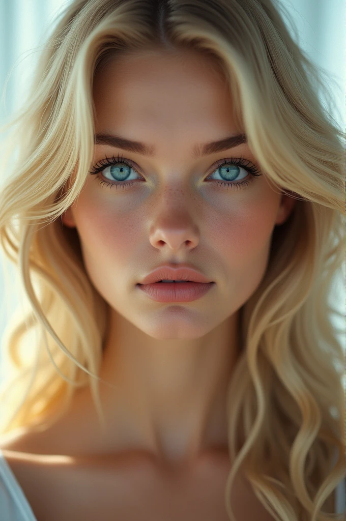 ((best quality)), ((ultra res)), ((photorealistic)), (intricate details), 19 years old, blonde hair, perfect face, make up:1.5, light on face, face detail, NAKED, short hair,