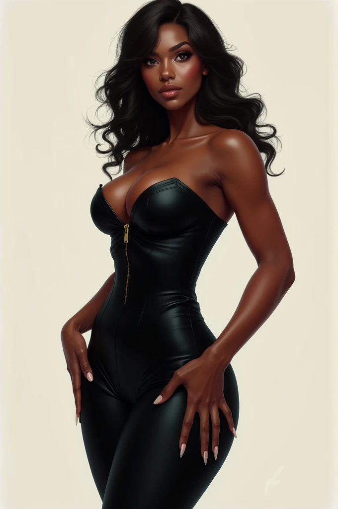 A beautiful, dark-skinned woman with a sculpted body and sharp curves. She is wearing a tight outfit that perfectly shapes her shape., highlighting your silhouette. His expression is confident and seductive, and she may be in a pose that further highlights her physical features. The scenery in the background is simple, so that attention remains on it.