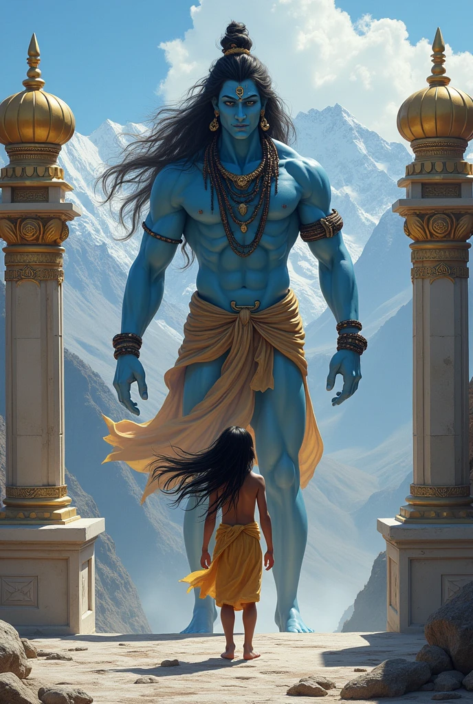 A  with long hair stops lord Shiva from entering into a palace in Himalayas 