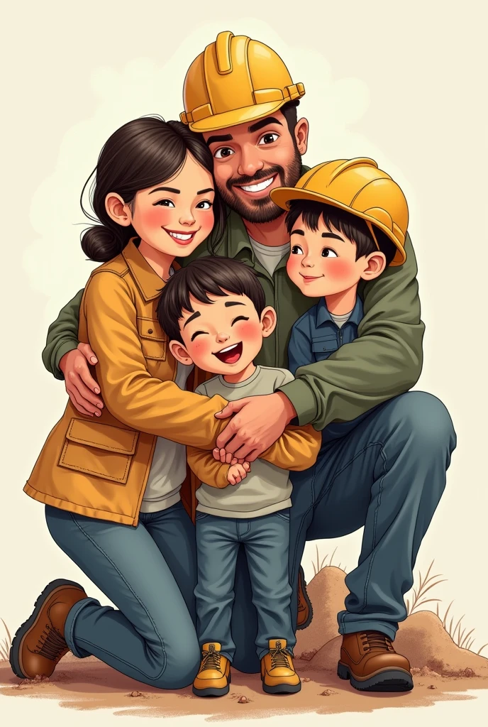 drawing of family of husband who works in mining, with his wife and his 2 children hugged and loved