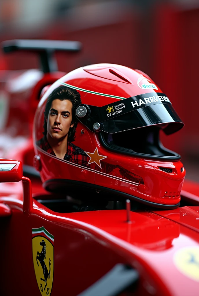 a picture of a formula 1 ferrari helmet, which is cherry red with harry styles on the side. 