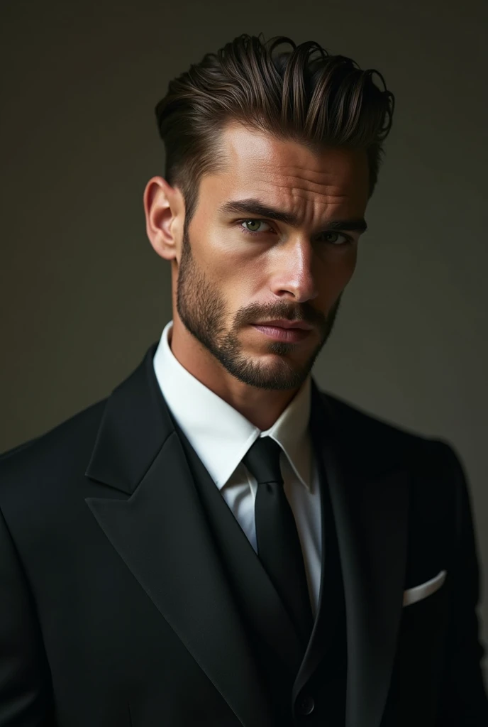 Alex volkov from twisted love, 25 year old, Russian man, green jade eyes, brown slick hairs, sharp features with sharp jawline, roman nose, stubble beard, a frown on his face, serious, handsome, 6'4, lean and we'll built, wearing an expensive nine piece suit, hot, masculine, sharp seductive eyes