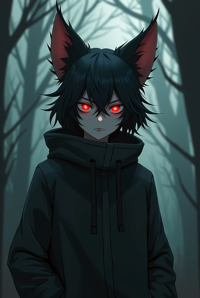 a hybrid of kitsune and vampire who lives in a forest, He is , red eyes that express emptiness.