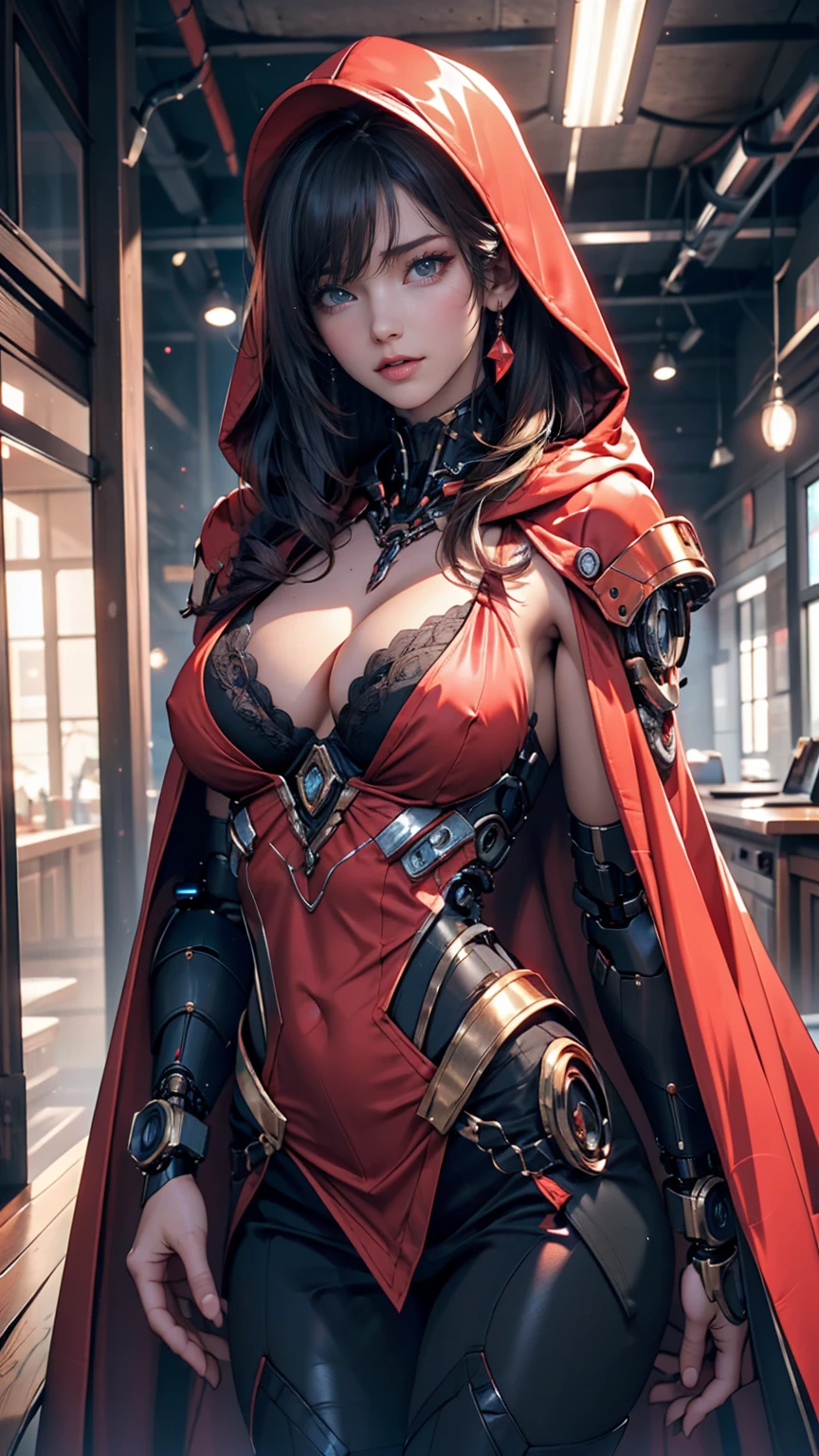 Cybernetic woman, A perfectly sculpted whole body, Realistic, (large and perfect breasts), Neckline, 3d, Wearing a hood and cape on his head, Red visor on right eye, anime style 3d, ultra Realistic, High resolution,