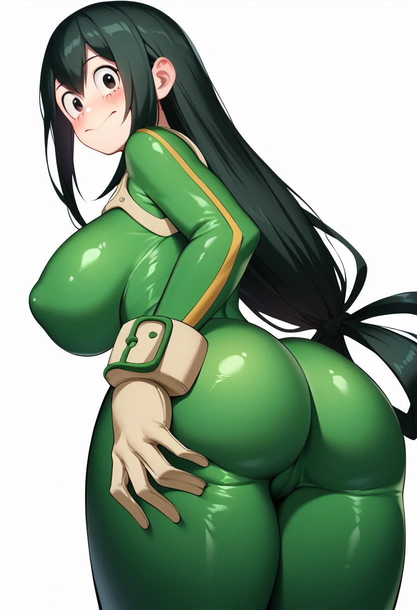 cowboy shot, solo, showing ass, [[[((thicc))]]], 1ponygirl, 4k, perfect lighting, extreme detail, detailed, sexy, anime girl, fat ass, tall female, blank white background, ((from behind)), ass, huge breasts, (((1girl))), (((solo))), (((curvy))), blushing, smirking, tsuyu asui, long hair, black hair, black eyes, low-tied long hair, hair rings, gloves, bodysuit, green bodysuit, holding up ass cheeks with both hands from below