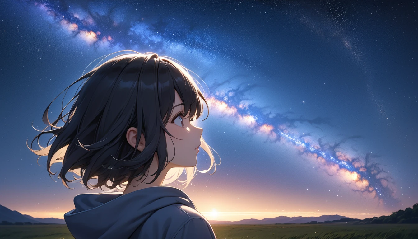 Starry Sky、milky way、One woman、Black Hair、Short Hair、Hair blowing in the wind、profile、Wearing a hoodie、Back view、Full body portrait