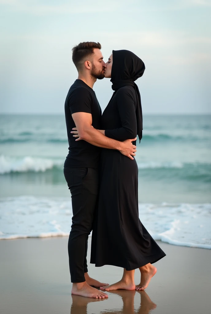 with black headscarf , black skirt,Barefoot woman kissing her boyfriend on the beach