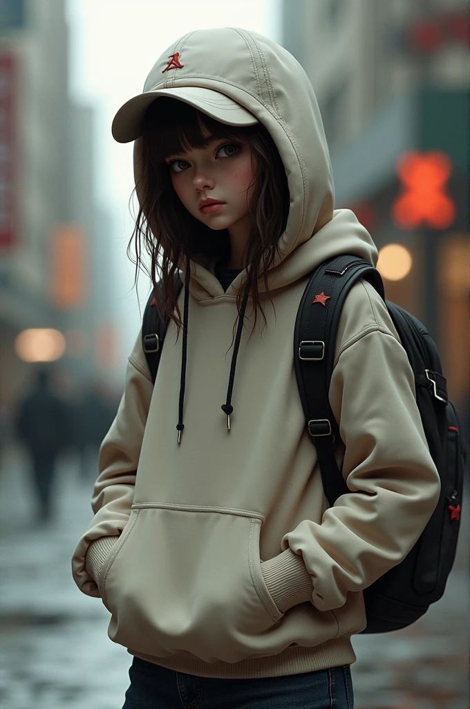 A girl wearing hoodie, cap, bag