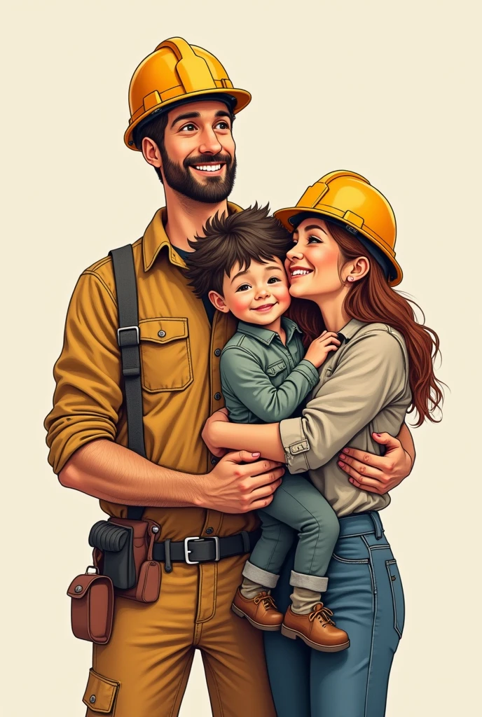 Family drawing of a husband who works in mining with his wife and his 6-year-old daughter and his 3-year-old son hugging and loving each other
