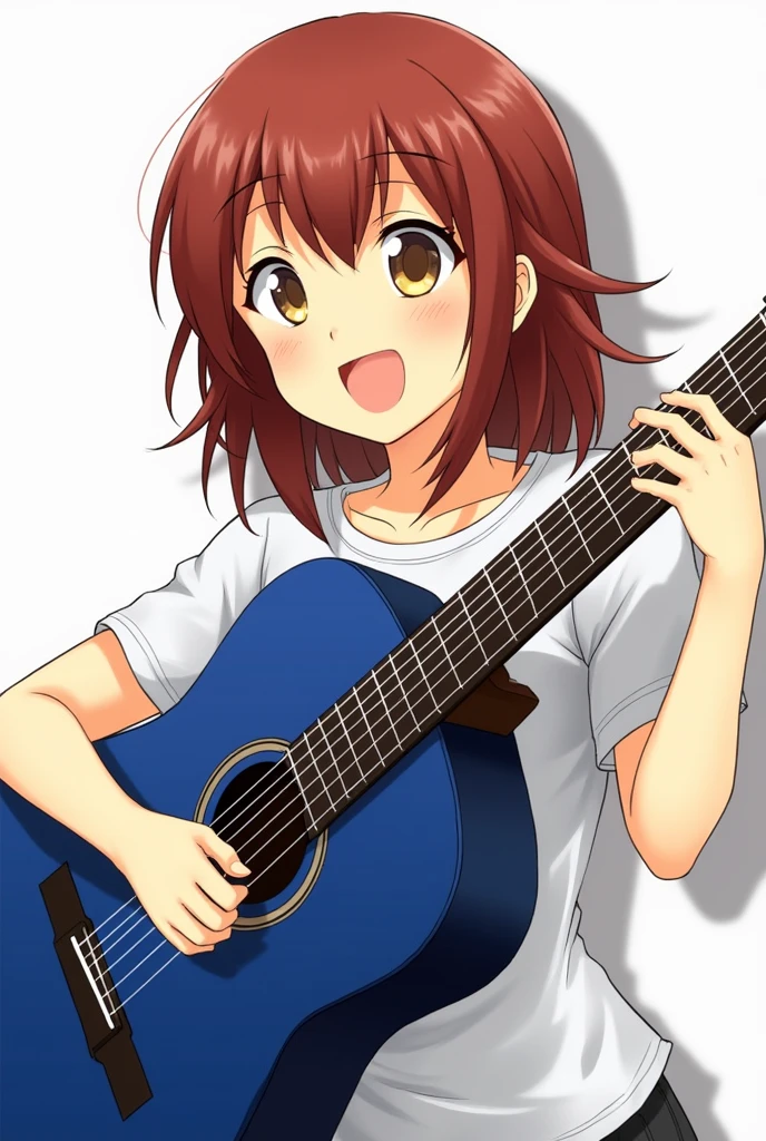 Japanese woman playing a deep blue acoustic guitar、Hair color is reddish brown、Singing with a smile。An illustration。Eye color: yellow。Hair length is semi-long。