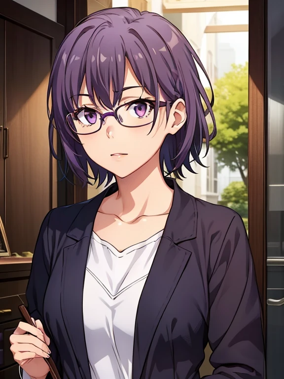 1 Girl, Mature female, masterpiece, , goddess,short hair ,((Purple Hair)),Glasses
