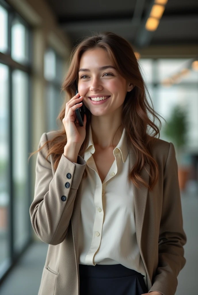 A photorealistic image of a young professional woman holding a smartphone to her ear as if receiving a call. She is smiling warmly and looks engaged in conversation. The woman should be wearing business casual attire, perhaps a blouse and blazer. She is standing in an office or home office setting with soft, natural lighting. The focus should be on her face and the phone, with the background slightly blurred. The image should have high resolution and look like a stock photo or professional photography, not an illustration or cartoon. Also make sure you can see her waist up.  