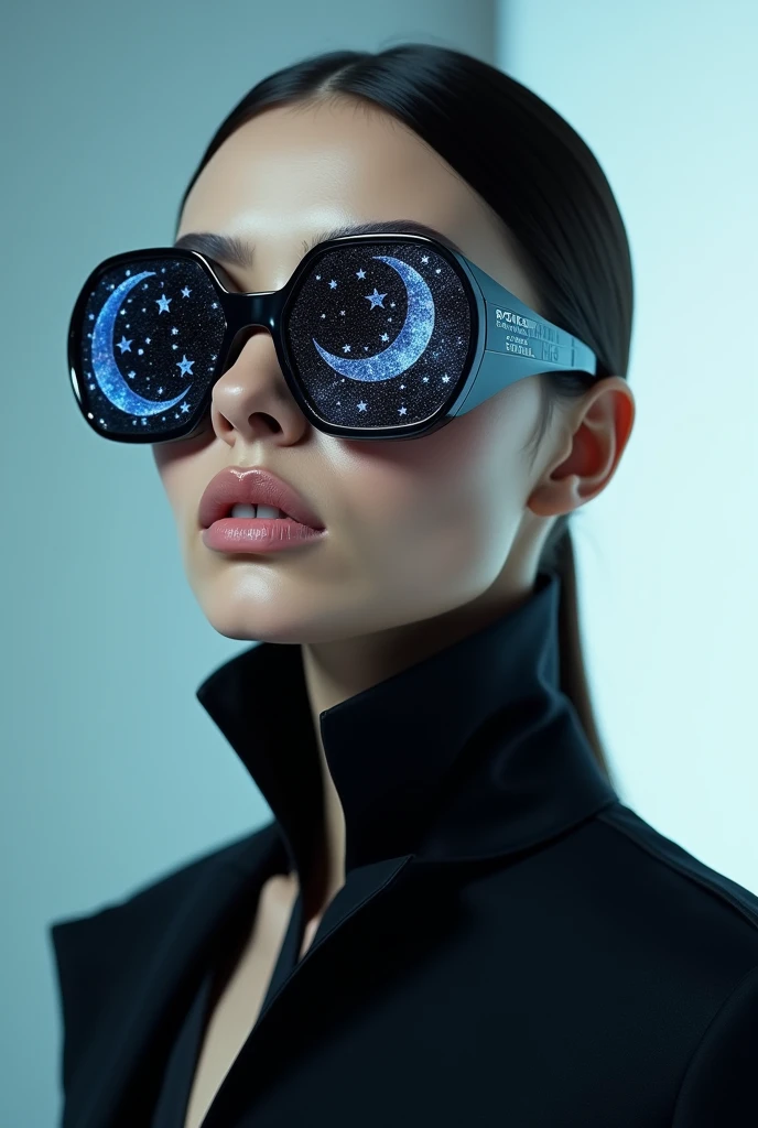 The model is wearing glass sunglasses with stars and the moon on the glass