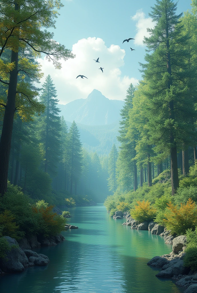 River surrounded by forest and birds flying in cloudy sky