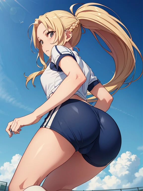 ((masterpiece:1.2, best quality)), 1aldy, Solitary, (Sportswear), Platinum Blonde, Long hair, (top view, Front focus, Look straight ahead), (forehead), jump, Above the waist, Ponytail, Big , us:1.1