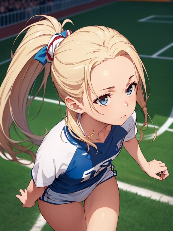 ((masterpiece:1.2, best quality)), 1aldy, Solitary, (Sportswear), Platinum Blonde, Long hair, (top view, Front focus, Look straight ahead), (forehead), jump, Above the waist, Ponytail, Big , us:1.1