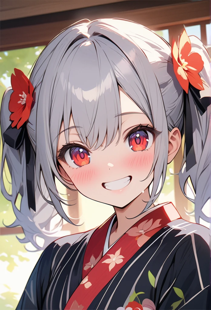 anime、anime調、デジタルanimeアート、Flat Design,(masterpiece:1.2)、high quality、High resolution、Very detailed、(Amazingly absurd:1.2)、Girl in yukata、Grey Hair, Twin tails, Grin, blue eyes, Red eyes, Hair Flower, Gaze,