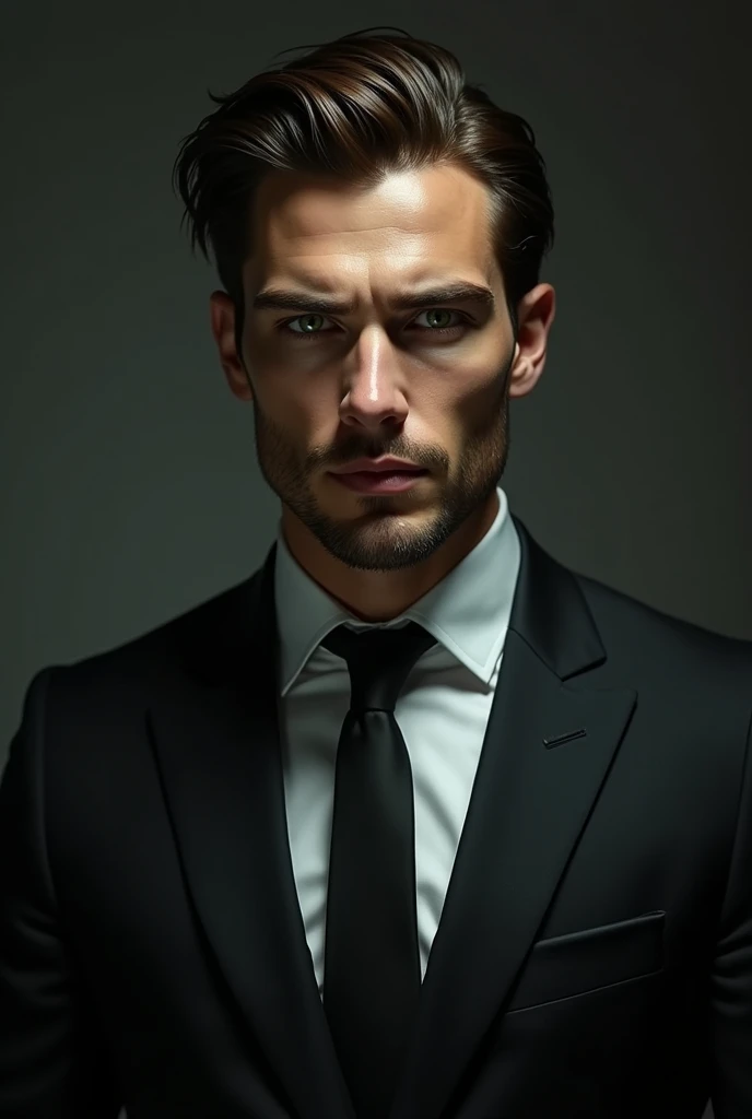 Alex volkov from twisted love, 25 year old, Russian man, green jade eyes, brown slick hairs, sharp features with sharp jawline, roman nose, stubble beard, a frown on his face, serious, handsome, 6'4, lean and we'll built, wearing an expensive nine piece suit, hot, masculine, sharp seductive eyes