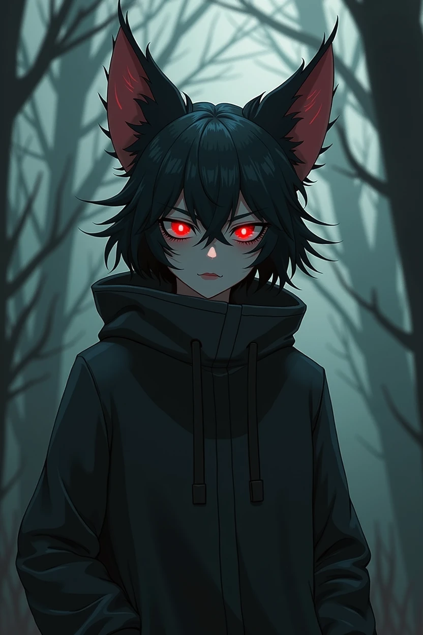 a hybrid of kitsune and vampire who lives in a forest, He is , red eyes that express emptiness.