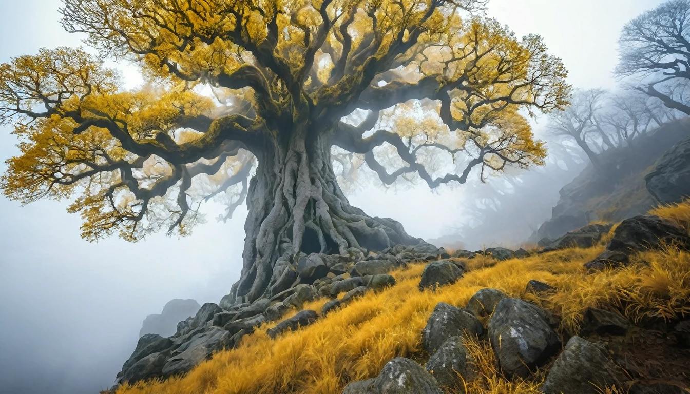 ((masterpiece, Fantasy,300km of Golden Trees, Ancient Giant Tree)),cliff, grassland, fog, Looking up angle