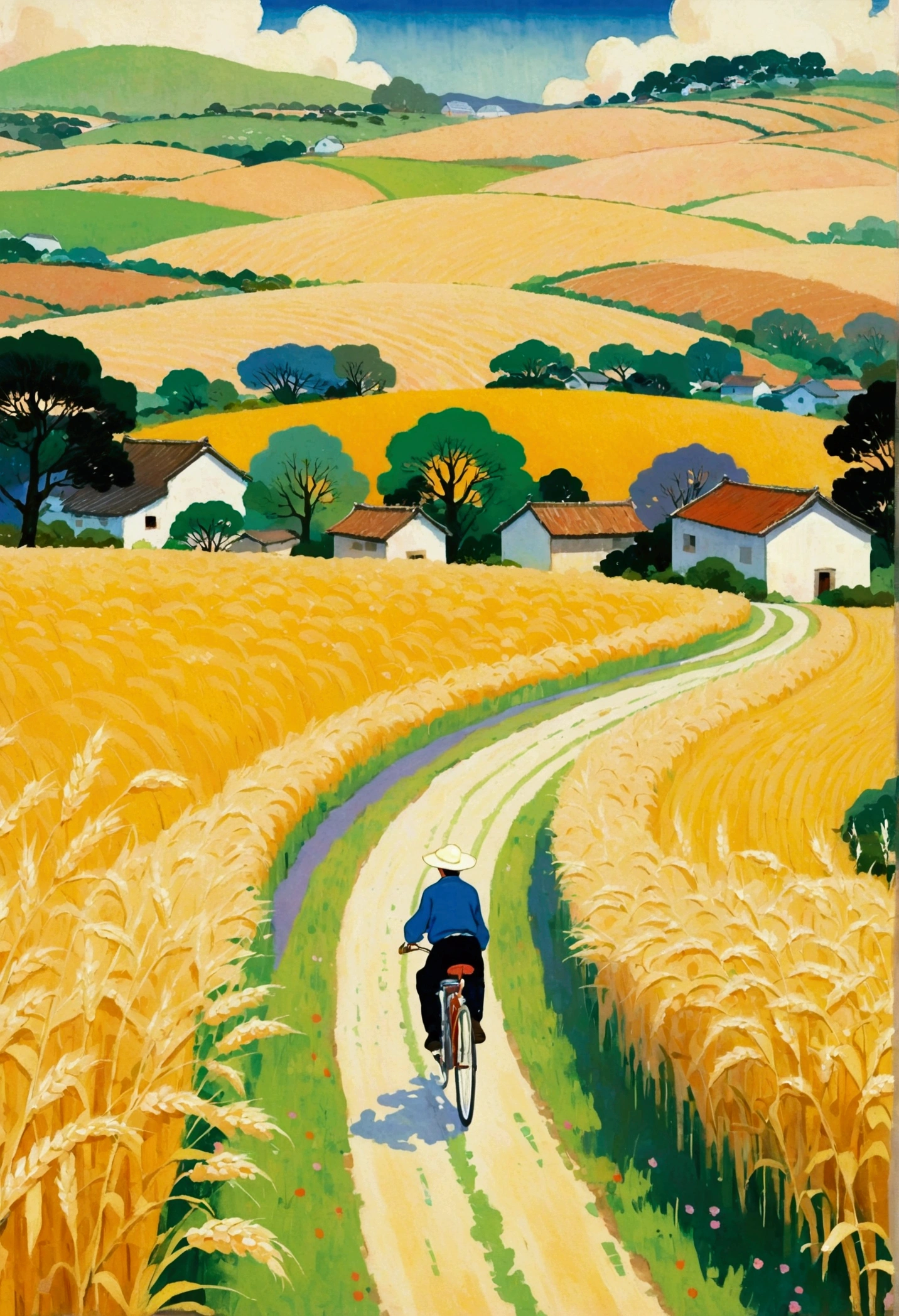 Painting of a man riding a bicycle along a country road, author Tanaka Isson, on the vast wheat fields, Laurent Durieux, author：Fujishima Takeji, author：Yi Yinwen, Fuyoko Matsui, author：rainer hosch, author：miwa komatsu, author：Honda Koji, author：Nobutada Yanagawa