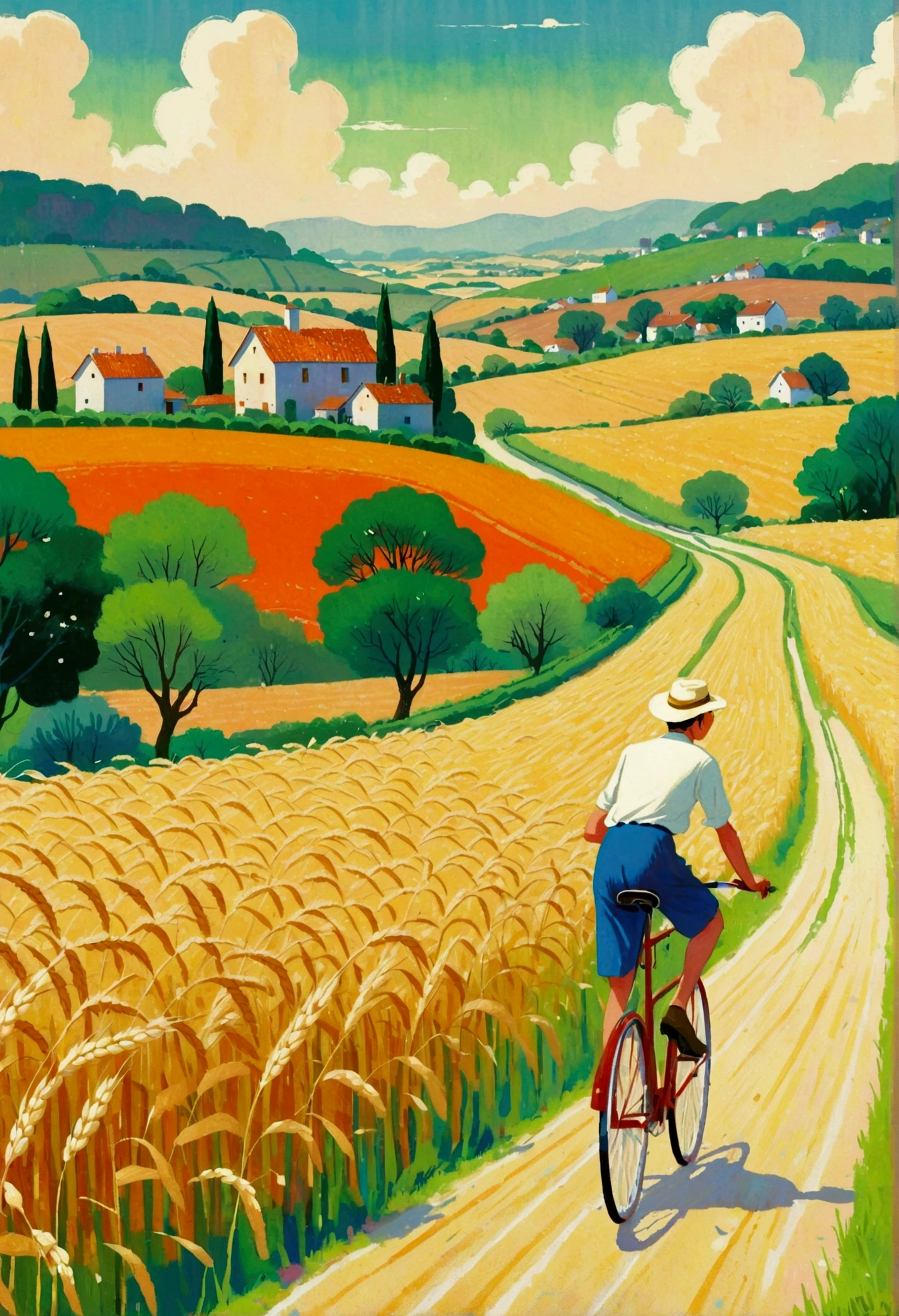 Painting of a man riding a bicycle along a country road, Poster art by Tanaka Isson, Dribbling, Childish Art, on the vast wheat fields, Laurent Durieux, author：rainer hosch, Kimagaure Orange Road, In the country, Artwork about roads , illustration!, Cycling on the road, Farmers, author：Tom Purvis
