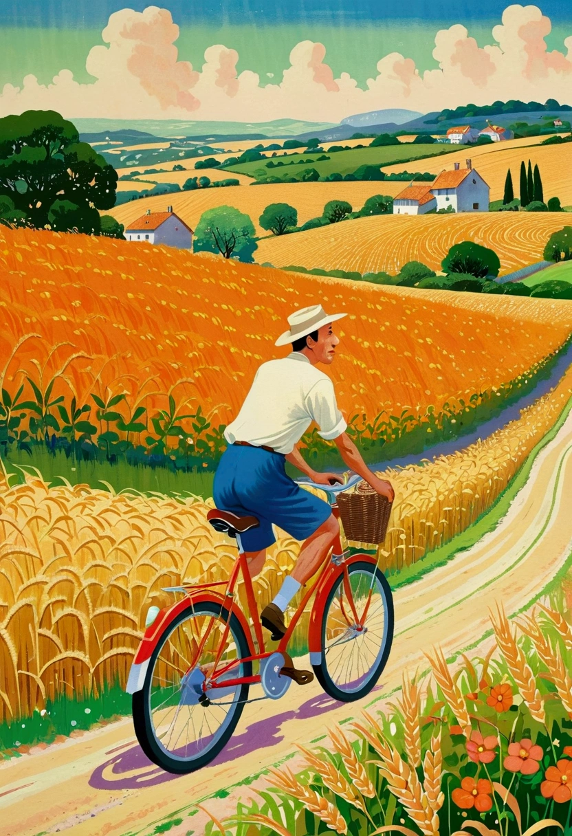 Painting of a man riding a bicycle along a country road, Poster art by Tanaka Isson, Dribbling, Childish Art, on the vast wheat fields, Laurent Durieux, author：rainer hosch, Kimagaure Orange Road, In the country, Artwork about roads , illustration!, Cycling on the road, Farmers, author：Tom Purvis