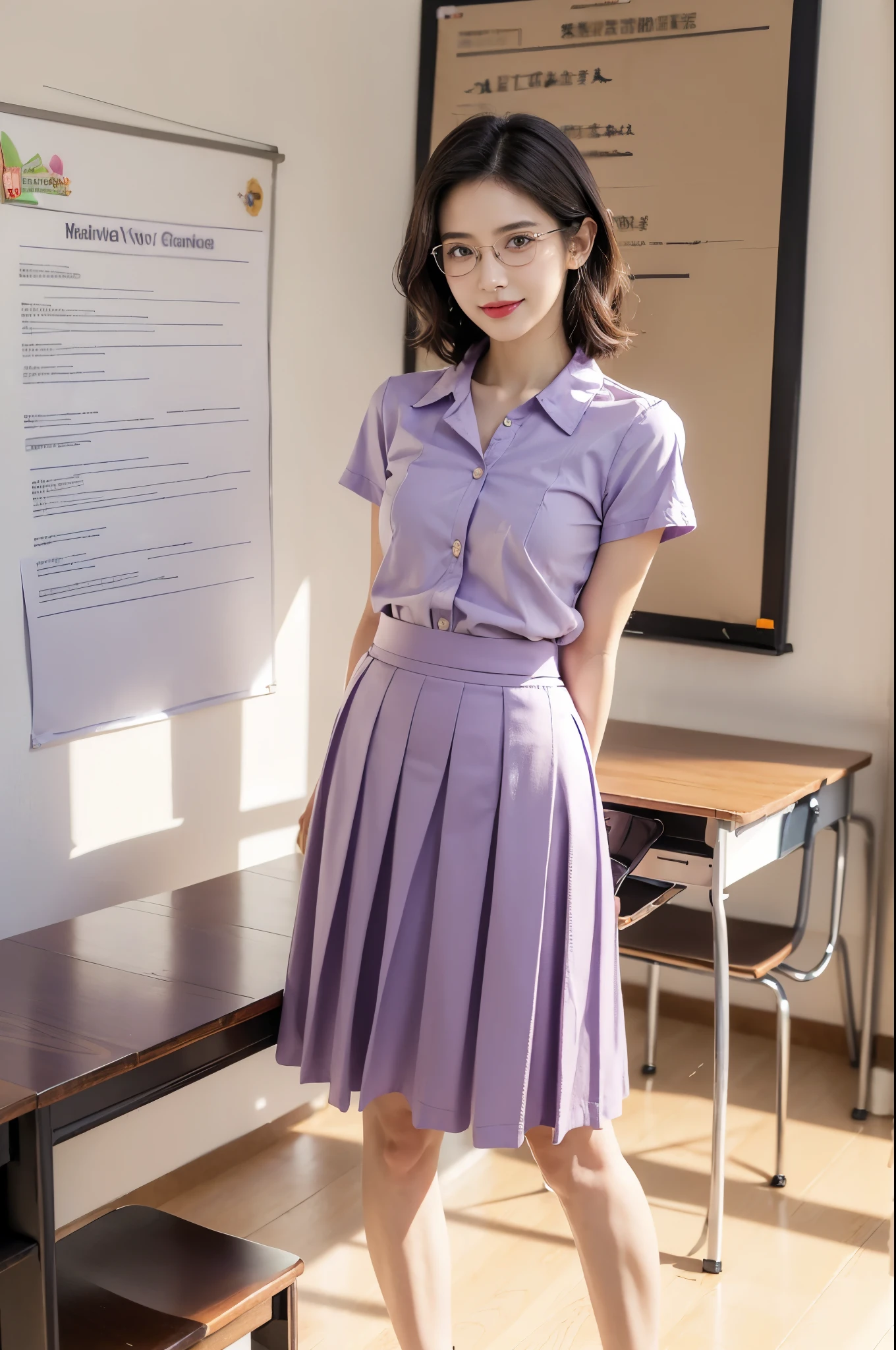 (((best quality))),(((ultra detailed))),(((masterpiece))),illustration,((1 beautiful young girl,female teacher,solo)),(shoulder-length wavy bob:0.8),(glasses:1.2),((slim,thin)),((small breasts,flat chest)),(summer:1.3),(indoor:1.2),(in classroom:1.3),(light purple collared short-sleeved shirt:1.3),(maxi purple bubble skirt:1.3),(slender legs:1.2),(sneakers:1.2),(standing:1.3),(arms behind back:1.3),elegance, confidence, professional attire, fashionable, personal style, wall posters, maps, colorful, learning, organized, desks, chairs, whiteboard, important information, diagrams, bright eyes, focused, gentle smile, warmth, kindness, positivity, enthusiasm, inspiring, students, joy, intelligence, snapshot, dedication, grace,((from front,full body))