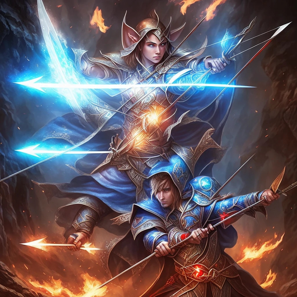 (Super quality image, fantasy rpg, elves, blue, white and red lights, bow and arrow, swords.)