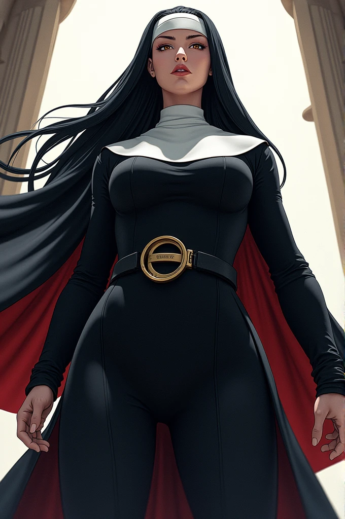 the drawing style that mixes anime and comics, a female nun, pale skin, musclegirl, very strong, fully body, very tall, view from the bottom, gazing at viewer, serious face, Bblack hair, high resolution image, high contrast lighting, bright coloured, moving image, best qualityer