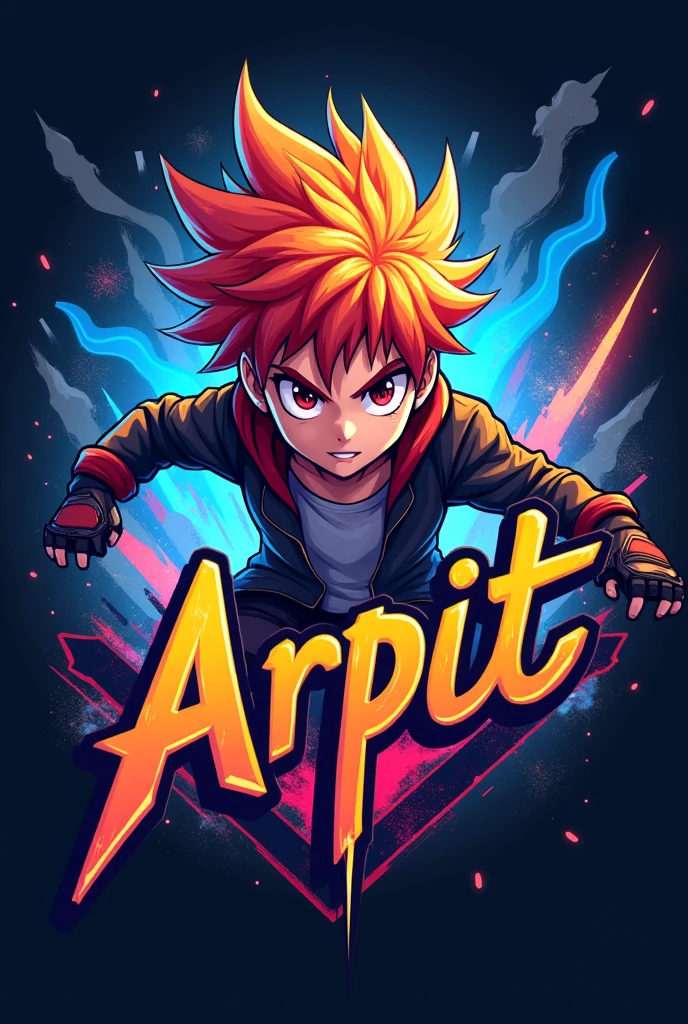 Make a gaming logo with the name of arpit behind name a anime gaming boy 
