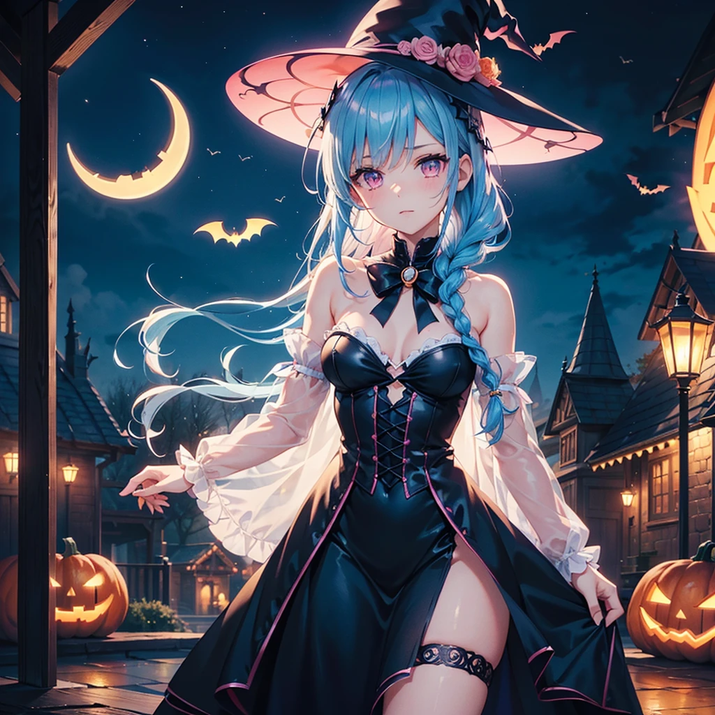 (Sky Blue Hair),(Braided medium hair:1.2), (Pink Eyes),Fair skin) ,(whole body),(One Girl),(Crescent Moon),(There are many pumpkin ghosts in the background),(If you don't give me sweets, I'll be mischievous.),Halloween Night Party),(masterpiece, Highest quality, Very detailed, Best Shadow), (Detailed Background), (Beautifully detailed face), High Contrast, (Best lighting, Very delicate and beautiful), ((Cinematic Light)), Hyper Detail,8k, Dramatic Light, Intricate details,Cute witch clothes,night,(Bats flying in the background),