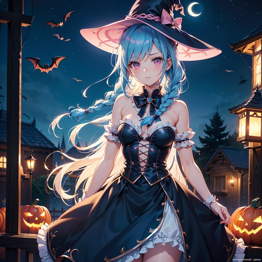 (Sky Blue Hair),(Braided medium hair:1.2), (Pink Eyes),Fair skin) ,(whole body),(One Girl),(Crescent Moon),(There are many pumpkin ghosts in the background),(If you don't give me sweets, I'll be mischievous.),Halloween Night Party),(masterpiece, Highest quality, Very detailed, Best Shadow), (Detailed Background), (Beautifully detailed face), High Contrast, (Best lighting, Very delicate and beautiful), ((Cinematic Light)), Hyper Detail,8k, Dramatic Light, Intricate details,Cute witch clothes,night,(Bats flying in the background),