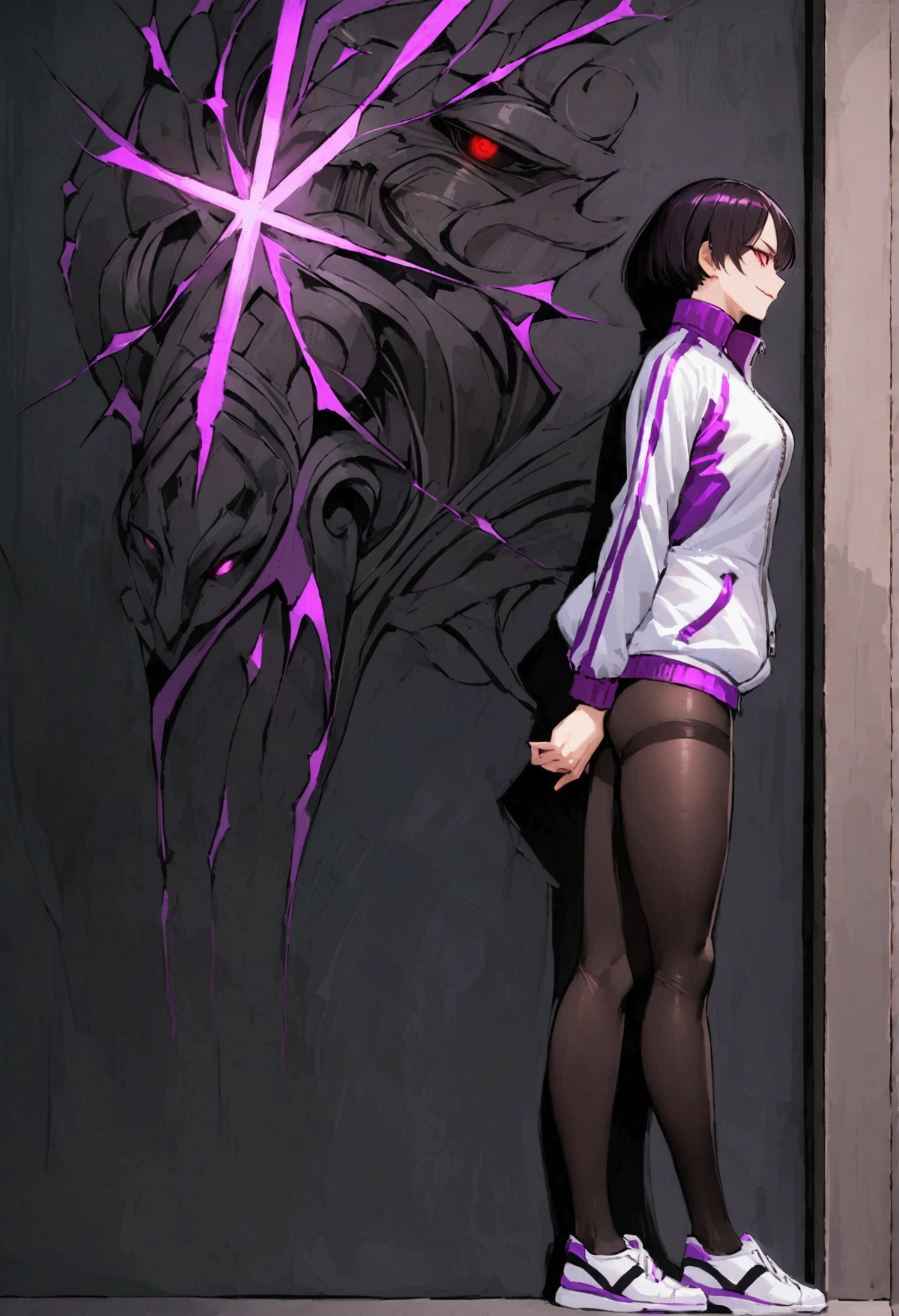 standing,alone,short hair,work of art,face detailed,beautiful young fitness woman with , in a gym wearing May with black pantyhose, white and purple tight short gym jacket. standing alone,red eyes glowing,Evil smile,legging preto ,labiaa,dark eye shadow,shining eyes,a hand leaning against the wall,neckleace,jacket zipper half open,Tight black shirt,white sports tennis shoes,short hair with purple details,beautiful curves,whole body,hair with purple details,labiaa,detailed face and eyes,work of art,sexy look,pefil from sideways,from sideways,confrontation
