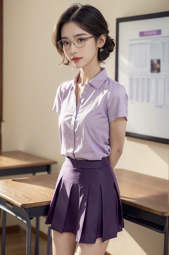 (((best quality))),(((ultra detailed))),(((masterpiece))),illustration,((1 beautiful young girl,female teacher,solo)),(shoulder-length wavy bob:0.8),(glasses:1.2),((slim,thin)),((small breasts,flat chest)),(summer:1.3),(indoor:1.2),(in classroom:1.3),(light purple collared short-sleeved shirt:1.3),(maxi purple bubble skirt:1.3),(slender legs:1.2),(sneakers:1.2),(standing:1.3),(arms behind back:1.3),elegance, confidence, professional attire, fashionable, personal style, wall posters, maps, colorful, learning, organized, desks, chairs, whiteboard, important information, diagrams, bright eyes, focused, gentle smile, warmth, kindness, positivity, enthusiasm, inspiring, students, joy, intelligence, snapshot, dedication, grace,((from front,full body))