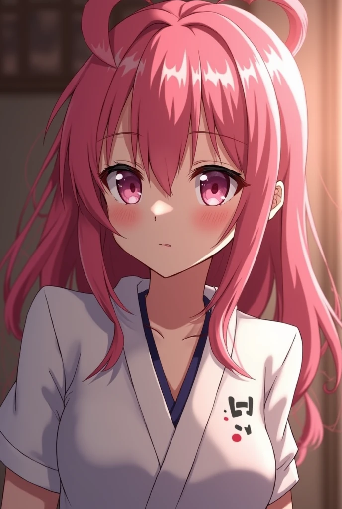 Pink hair、very long twintails、Pink eyes、sparkly eyes、Flushed cheeks、an ecstatic look on one's face、A smile、yandere、Sit with your hands between your thighs、Bedroom at night、post-facto、1 bathrobe、Dark eyes