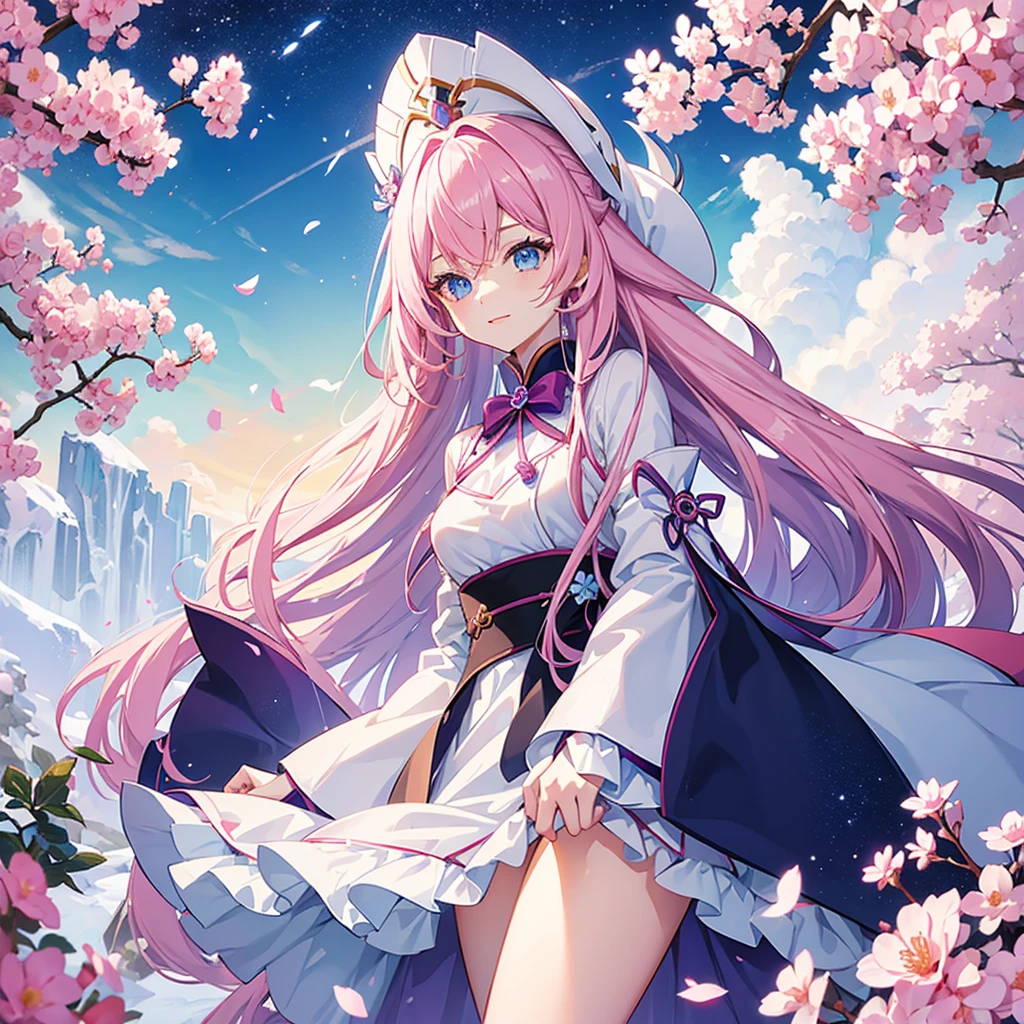 Woman with long pink hair and blue eyes. Cute white adventurer outfit with purple details and red bow ((estilo genshi impact)) white flowers with a single blue petal