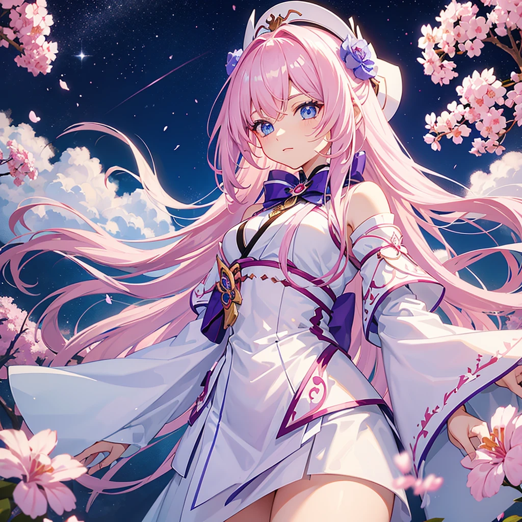 Woman with long pink hair and blue eyes. Cute white adventurer outfit with purple details and red bow ((estilo genshi impact)) white flowers with a single blue petal