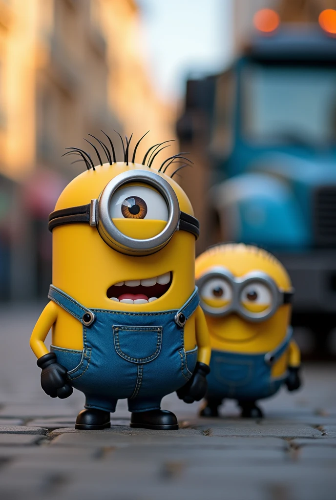 Minions with black yellow and blue truck behind, no back ground