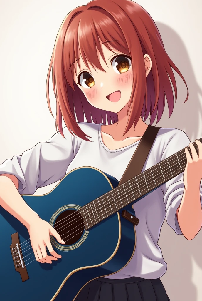 Japanese woman playing a deep blue acoustic guitar、Hair color is reddish brown、Singing with a smile。Eye color: yellow。Hair length is semi-long。Illustrations that are not hot but beautiful。