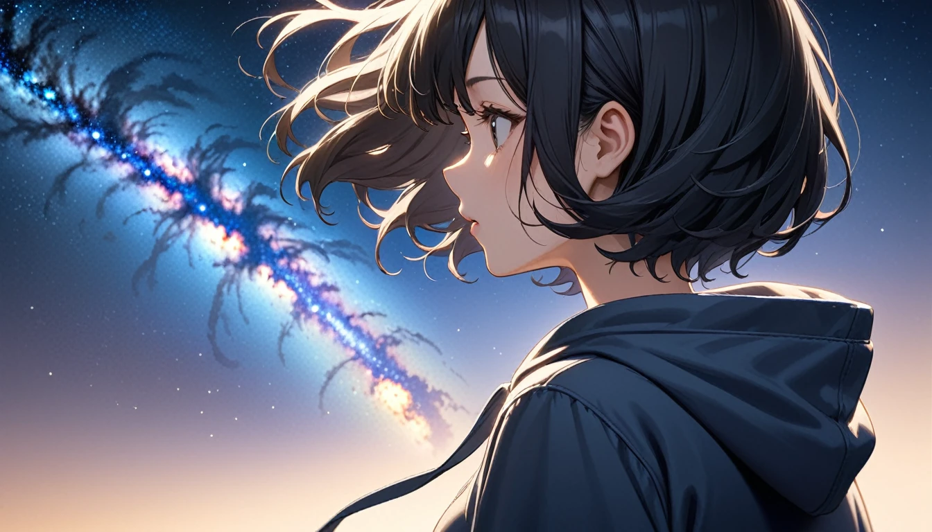 Starry Sky、milky way、One woman、Black Hair、Short Hair、Hair blowing in the wind、profile、Wearing a hoodie、Back view、Full body portrait